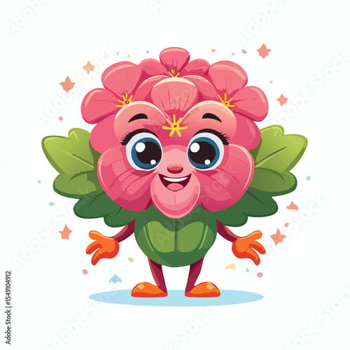 Geranium in cute cartoon character style with expressive face and limbs.