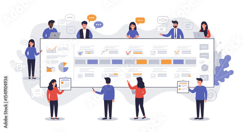Team collaboration and project management concept with diverse professionals and data analysis elements vector illustration