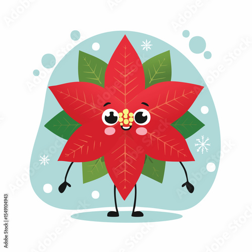 Poinsettia in cute cartoon character style with expressive face and limbs.