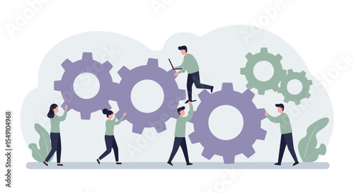Collaboration and teamwork concept with people adjusting gears in unity for business development and innovation vector illustration