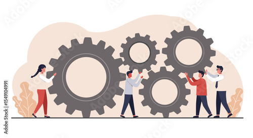 Teamwork and collaboration concept with people moving gears for business success and cooperation design vector illustration