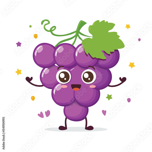 Grape in cute cartoon character style with expressive face and limbs.