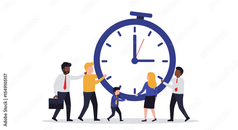 Teamwork and time management concept with diverse business team around large clock vector illustration
