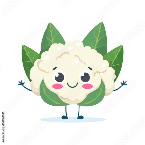 Cauliflower in cute cartoon character style with expressive face and limbs.