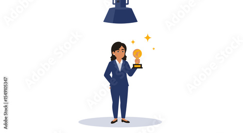 Businesswoman celebrating success holding trophy under spotlight vector illustration
