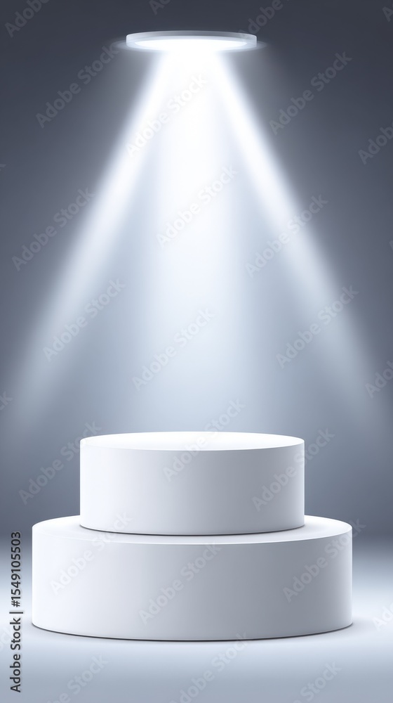 Fototapeta premium Elegant White Circular Podium Display Stand with Spotlight Artfully Illuminated