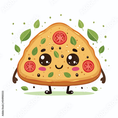 Focaccia in cute cartoon character style with expressive face and limbs.