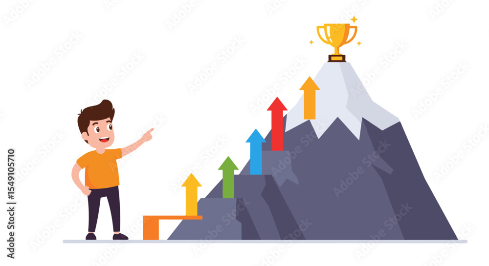 Achieving success: climbing the mountain to reach the trophy, conceptual vector illustration for motivation Achieving success: climbing the mountain to reach the trophy, conceptual vector illustration for motivation
