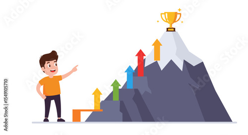 Achieving success: climbing the mountain to reach the trophy, conceptual vector illustration for motivation