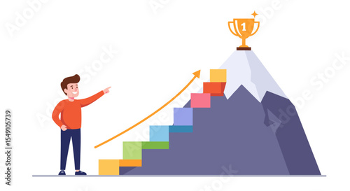 Achievement and success concept with mountain climb and trophy for motivation and goal setting in business design vector illustration