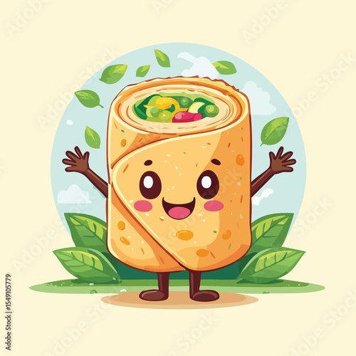 Spring Rolls in cute cartoon character style with expressive face and limbs.