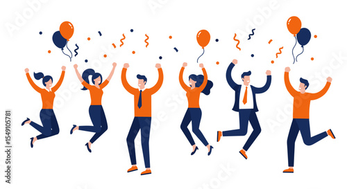 Celebratory business team jumping with balloons and confetti for a corporate event poster vector illustration