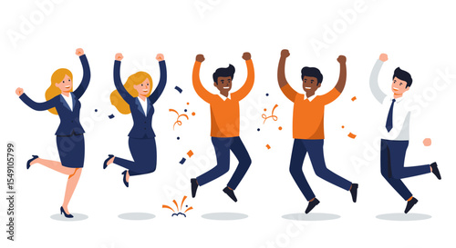 Team celebration concept with cheerful colleagues jumping in joyful corporate environment vector illustration