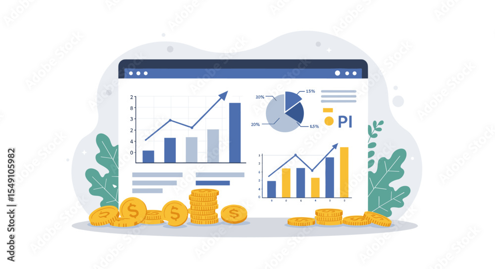 Fototapeta premium Financial data analysis with charts and coins for business presentation vector illustration