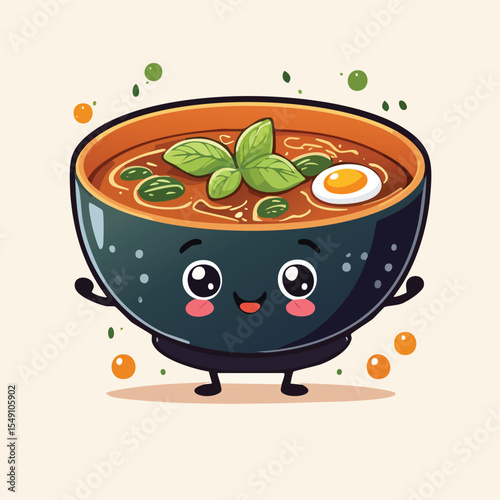 Miso Soup in cute cartoon character style with expressive face and limbs.