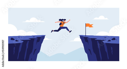 Overcoming challenges concept with woman jumping across cliff for success design vector illustration