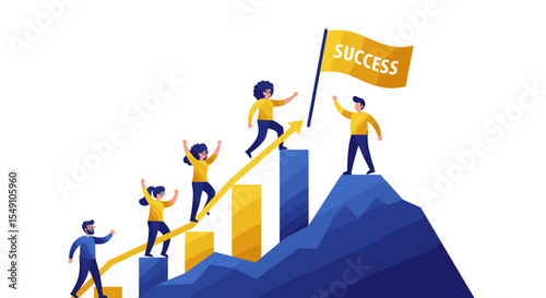 Teamwork and growth concept with people climbing success graph for motivational design vector illustration