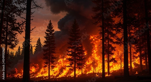 Destructive Wildfire Engulfs Dense Forest Under Dusk Sky, Capturing the Raw Power of Nature's Fury and the Threat to Wildlife and Ecosystems