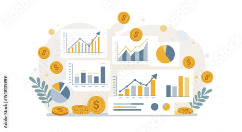 Financial growth analysis with charts and coins for investment and business strategy design vector illustration