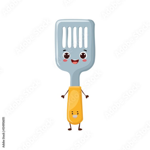 spatula in cute cartoon character style with expressive face and limbs.