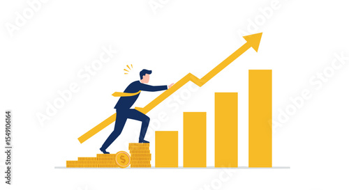 Business growth concept with man climbing increasing graph on stacked coins illustration for financial success and strategy vector illustration