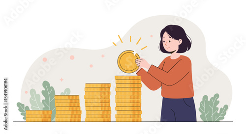 Financial growth concept with woman stacking coins for savings and investment vector illustration