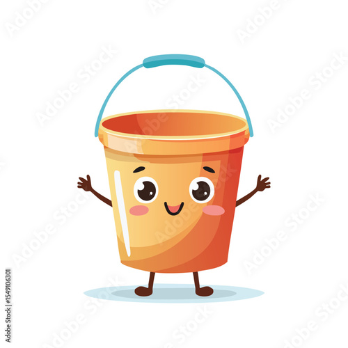 bucket in cute cartoon character style with expressive face and limbs.
