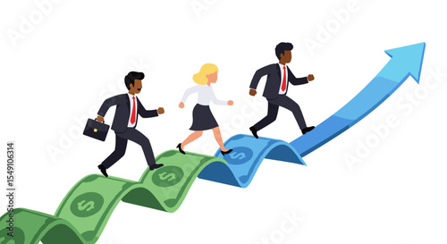 Business growth and success concept with professionals climbing money arrows for achievement and progress vector illustration