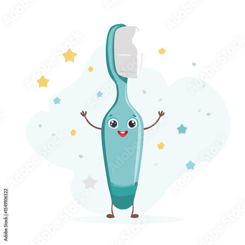 toothbrush in cute cartoon character style with expressive face and limbs.