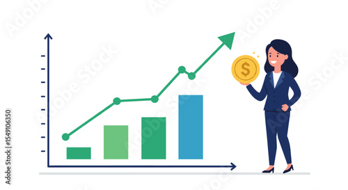 Business growth concept with woman holding coin and graph arrow - perfect for financial presentations and educational materials vector illustration