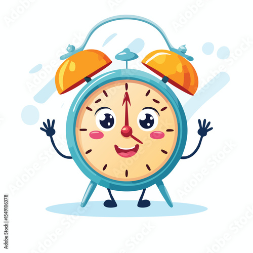 alarm clock in cute cartoon character style with expressive face and limbs.