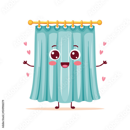 shower curtain in cute cartoon character style with expressive face and limbs.