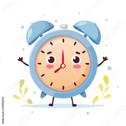 clock in cute cartoon character style with expressive face and limbs.