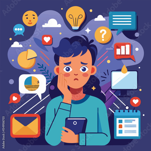 Vector illustration of a person overwhelmed by notifications, social media, and screen time, with melting digital icons and tired expression, surreal and emotional style.eps