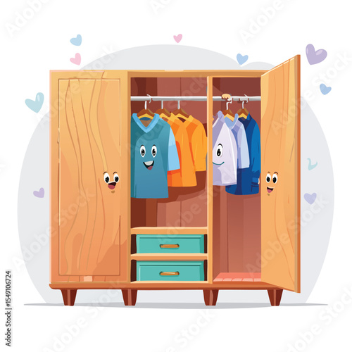 closet in cute cartoon character style with expressive face and limbs.