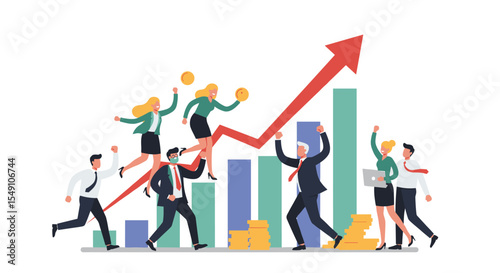 Business success and growth concept with professionals and financial charts vector illustration
