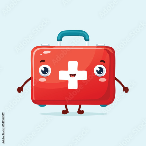 first aid kit in cute cartoon character style with expressive face and limbs.