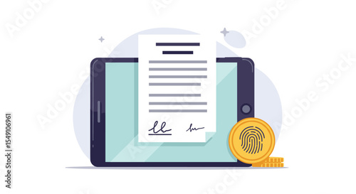 Digital contract illustration with tablet and secure signature for business design vector illustration