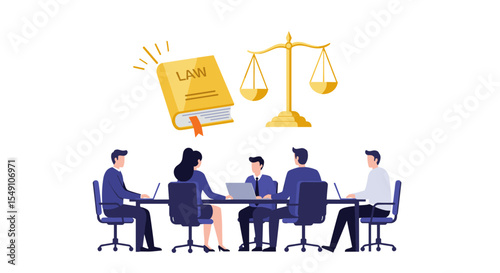 Legal team meeting with scales and law book for corporate justice illustrations vector illustration