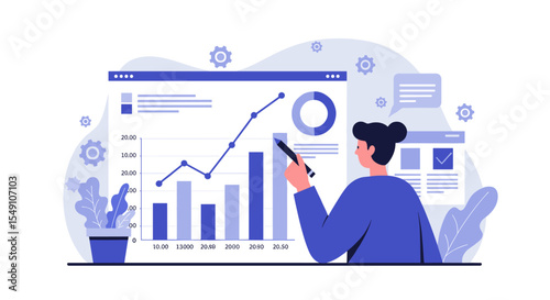 Business data analysis concept with charts and graphs for reports and presentations vector illustration