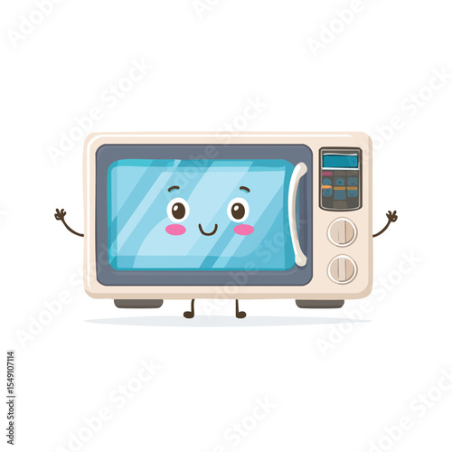 microwave in cute cartoon character style with expressive face and limbs.