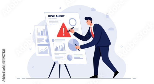 Business risk audit strategy with data analysis in modern office vector illustration