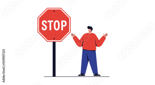 Stop sign awareness concept with person gesturing in casual attire vector illustration