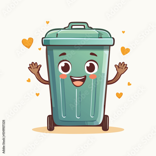 Garbage bin in cute cartoon character style with expressive face and limbs.