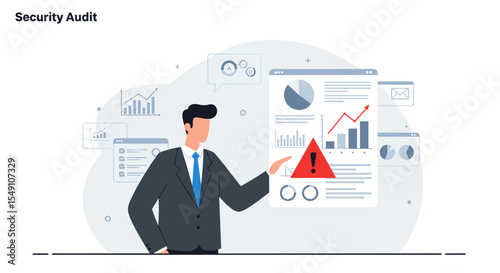 Business security audit concept with data analysis and risk management for modern office design vector illustration