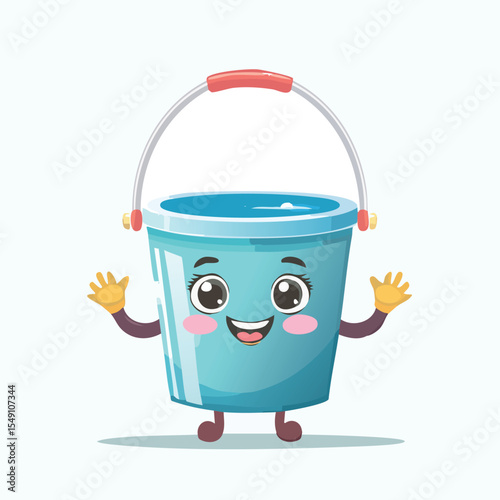 Mop bucket in cute cartoon character style with expressive face and limbs.