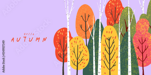 Trendy art style abstract autumn banner, poster, cover, card with bright beautiful autumn forest, trees, plants and sky. Fall background, template for advertising, sales, web and social media, print