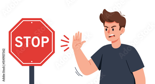 Angry man gesturing stop with hand near stop sign for traffic awareness design vector illustration