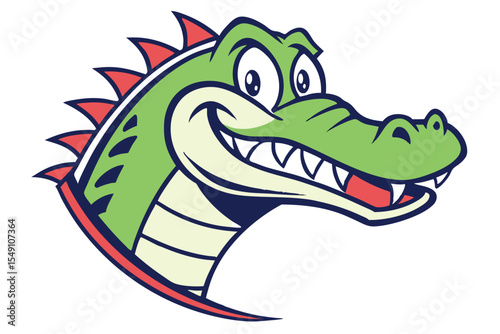 Cartoon alligator head smiles widely with a bold color palette on a white background
