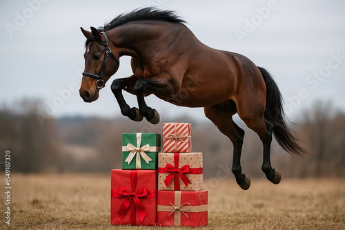 Brown horse jumps over Christmas presents outdoors — dynamic winter scene with festive spirit and natural daylight